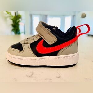 Nike, size 5C (toddler size), grey, navy blue & bright orange